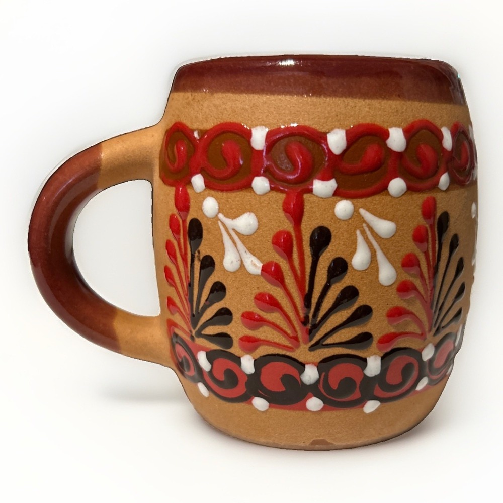 Jarrito De Barro Traditional Mexican Clay Mug Red/Black/White Floral Patterns